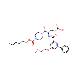 CCCCCCOC(=O)N1CCN(C(=O)[C@H](CCC(=O)O)NC(=O)c2cc(OCCOC)cc(-c3ccccc3)n2)CC1 ZINC000049757167