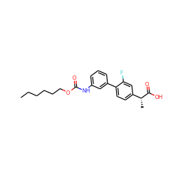 CCCCCCOC(=O)Nc1cccc(-c2ccc([C@@H](C)C(=O)O)cc2F)c1 ZINC000143624052