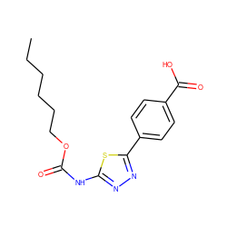 CCCCCCOC(=O)Nc1nnc(-c2ccc(C(=O)O)cc2)s1 ZINC000084739228