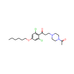 CCCCCCOc1cc(Cl)c(C(=O)CCN2CCN(C(C)=O)CC2)c(Cl)c1 ZINC000043062197