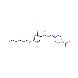 CCCCCCOc1cc(Cl)c(C(=O)CCN2CCN(C(C)=O)CC2)cc1Cl ZINC000043023944