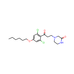 CCCCCCOc1cc(Cl)c(C(=O)CCN2CCNC(=O)C2)c(Cl)c1 ZINC000043061082