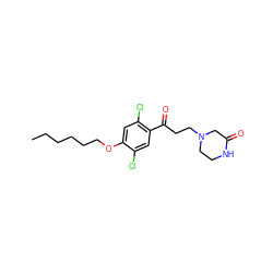 CCCCCCOc1cc(Cl)c(C(=O)CCN2CCNC(=O)C2)cc1Cl ZINC000043119846