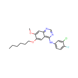 CCCCCCOc1cc2c(Nc3ccc(F)c(Cl)c3)ncnc2cc1OC ZINC000045388409