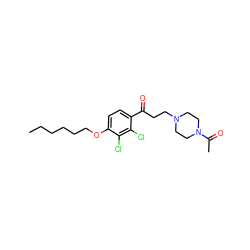 CCCCCCOc1ccc(C(=O)CCN2CCN(C(C)=O)CC2)c(Cl)c1Cl ZINC000043120331