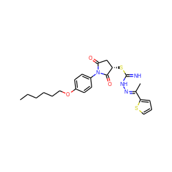 CCCCCCOc1ccc(N2C(=O)C[C@H](SC(=N)N/N=C(\C)c3cccs3)C2=O)cc1 ZINC000018068112