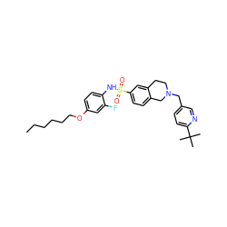 CCCCCCOc1ccc(NS(=O)(=O)c2ccc3c(c2)CCN(Cc2ccc(C(C)(C)C)nc2)C3)c(F)c1 ZINC000261136240