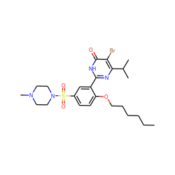 CCCCCCOc1ccc(S(=O)(=O)N2CCN(C)CC2)cc1-c1nc(C(C)C)c(Br)c(=O)[nH]1 ZINC000095578501