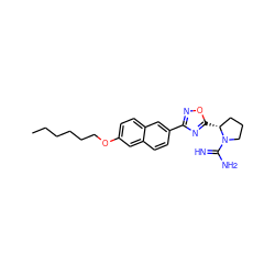 CCCCCCOc1ccc2cc(-c3noc([C@@H]4CCCN4C(=N)N)n3)ccc2c1 ZINC000653857933