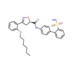 CCCCCCOc1ccccc1C1=NO[C@@H](C(=O)Nc2ccc(-c3ccccc3S(N)(=O)=O)cc2)C1 ZINC000013489904