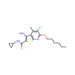 CCCCCCOc1nc2sc(C(=O)NC3CC3)c(N)c2c(C)c1Cl ZINC000653709034