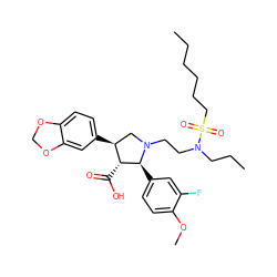 CCCCCCS(=O)(=O)N(CCC)CCN1C[C@H](c2ccc3c(c2)OCO3)[C@@H](C(=O)O)[C@@H]1c1ccc(OC)c(F)c1 ZINC000026973882