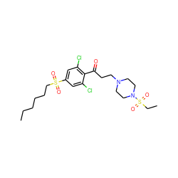 CCCCCCS(=O)(=O)c1cc(Cl)c(C(=O)CCN2CCN(S(=O)(=O)CC)CC2)c(Cl)c1 ZINC000043068161