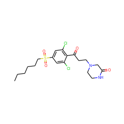 CCCCCCS(=O)(=O)c1cc(Cl)c(C(=O)CCN2CCNC(=O)C2)c(Cl)c1 ZINC000043068157