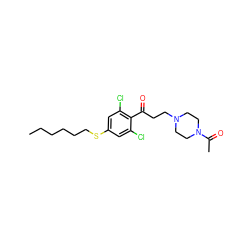 CCCCCCSc1cc(Cl)c(C(=O)CCN2CCN(C(C)=O)CC2)c(Cl)c1 ZINC000043013425