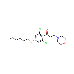 CCCCCCSc1cc(Cl)c(C(=O)CCN2CCOCC2)c(Cl)c1 ZINC000043059570