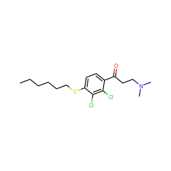 CCCCCCSc1ccc(C(=O)CCN(C)C)c(Cl)c1Cl ZINC000043077480