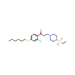 CCCCCCSc1ccc(C(=O)CCN2CCN(S(=O)(=O)CC)CC2)c(Cl)c1 ZINC000043066522