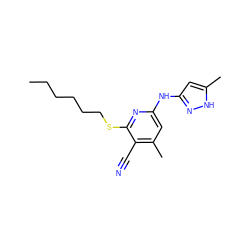 CCCCCCSc1nc(Nc2cc(C)[nH]n2)cc(C)c1C#N ZINC000071331394