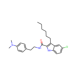 CCCCCCc1c(C(=O)NCCc2ccc(N(C)C)cc2)[nH]c2ccc(Cl)cc12 ZINC000169312084