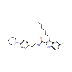 CCCCCCc1c(C(=O)NCCc2ccc(N3CCCCC3)cc2)[nH]c2ccc(Cl)cc12 ZINC000169312079