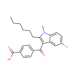 CCCCCCc1c(C(=O)c2ccc(C(=O)O)cc2)c2cc(Cl)ccc2n1C ZINC001772579401