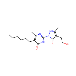 CCCCCCc1c(C)nc(-n2[nH]c(C)c(CCO)c2=O)[nH]c1=O ZINC000018159319