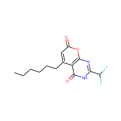 CCCCCCc1cc(=O)oc2nc(C(F)F)[nH]c(=O)c12 ZINC000066080353