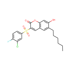 CCCCCCc1cc2cc(S(=O)(=O)c3ccc(F)c(Cl)c3)c(=O)oc2cc1O ZINC000002688225