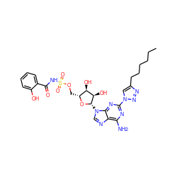 CCCCCCc1cn(-c2nc(N)c3ncn([C@@H]4O[C@H](COS(=O)(=O)NC(=O)c5ccccc5O)[C@@H](O)[C@H]4O)c3n2)nn1 ZINC000044306072