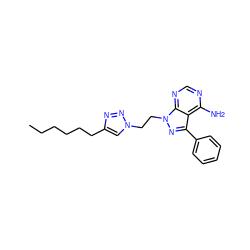 CCCCCCc1cn(CCn2nc(-c3ccccc3)c3c(N)ncnc32)nn1 ZINC000066077159