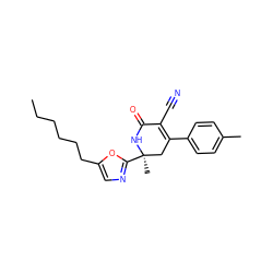 CCCCCCc1cnc([C@]2(C)CC(c3ccc(C)cc3)=C(C#N)C(=O)N2)o1 ZINC000223948173