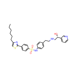 CCCCCCc1csc(-c2ccc(S(=O)(=O)Nc3ccc(CCNC[C@H](O)c4cccnc4)cc3)cc2)n1 ZINC000029567123