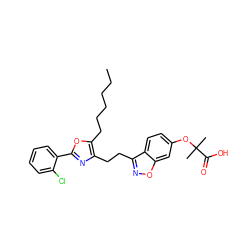 CCCCCCc1oc(-c2ccccc2Cl)nc1CCc1noc2cc(OC(C)(C)C(=O)O)ccc12 ZINC000071332043