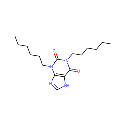 CCCCCCn1c(=O)c2[nH]cnc2n(CCCCCC)c1=O ZINC000012405694