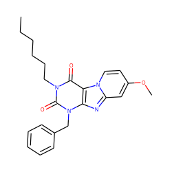 CCCCCCn1c(=O)c2c(nc3cc(OC)ccn32)n(Cc2ccccc2)c1=O ZINC001772626655