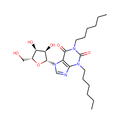 CCCCCCn1c(=O)c2c(ncn2[C@@H]2O[C@H](CO)[C@@H](O)[C@H]2O)n(CCCCCC)c1=O ZINC000012405730