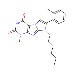 CCCCCCn1c(-c2ccccc2C)cn2c3c(=O)[nH]c(=O)n(C)c3nc12 ZINC000095592475