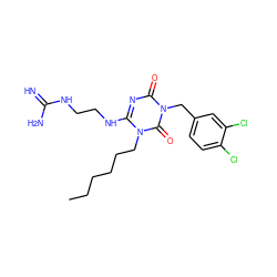 CCCCCCn1c(NCCNC(=N)N)nc(=O)n(Cc2ccc(Cl)c(Cl)c2)c1=O ZINC000101272174