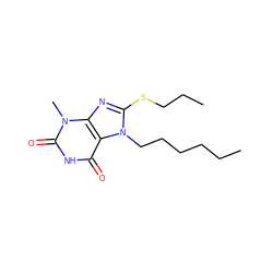 CCCCCCn1c(SCCC)nc2c1c(=O)[nH]c(=O)n2C ZINC000012648079