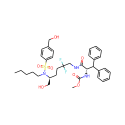 CCCCCN([C@H](CO)CCC(F)(F)CNC(=O)[C@@H](NC(=O)OC)C(c1ccccc1)c1ccccc1)S(=O)(=O)c1ccc(CO)cc1 ZINC000216545190