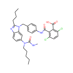 CCCCCN(C(=O)NC)c1ccc2nc(CCCC)n(Cc3ccc(NC(=O)c4c(Cl)ccc(Cl)c4C(=O)O)cc3)c2c1 ZINC000003923523