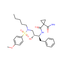 CCCCCN(C[C@@H](O)[C@H](Cc1ccccc1)NC(=O)C1(C(N)=O)CC1)S(=O)(=O)c1ccc(OC)cc1 ZINC000040918654