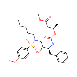 CCCCCN(C[C@@H](O)[C@H](Cc1ccccc1)NC(=O)O[C@H](C)CC(=O)OC)S(=O)(=O)c1ccc(OC)cc1 ZINC000095554713