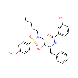 CCCCCN(C[C@@H](O)[C@H](Cc1ccccc1)NC(=O)c1cccc(O)c1)S(=O)(=O)c1ccc(OC)cc1 ZINC000044386396