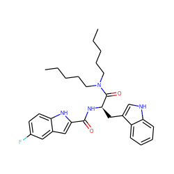 CCCCCN(CCCCC)C(=O)[C@@H](Cc1c[nH]c2ccccc12)NC(=O)c1cc2cc(F)ccc2[nH]1 ZINC000013447054