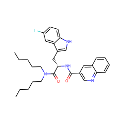 CCCCCN(CCCCC)C(=O)[C@H](Cc1c[nH]c2ccc(F)cc12)NC(=O)c1cnc2ccccc2c1 ZINC000013447089