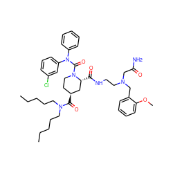 CCCCCN(CCCCC)C(=O)[C@H]1CCN(C(=O)N(c2ccccc2)c2cccc(Cl)c2)[C@H](C(=O)NCCN(CC(N)=O)Cc2ccccc2OC)C1 ZINC000095612122