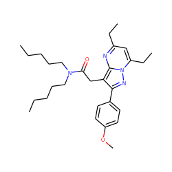 CCCCCN(CCCCC)C(=O)Cc1c(-c2ccc(OC)cc2)nn2c(CC)cc(CC)nc12 ZINC000653894836