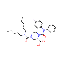 CCCCCN(CCCCC)C(=O)N1CCN(C(=O)N(c2ccccc2)c2ccc(I)cc2)[C@H](C(=O)O)C1 ZINC000026173780